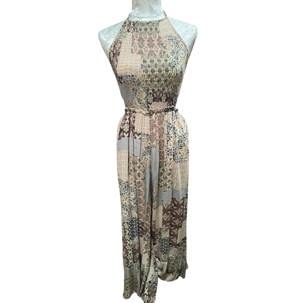 Womens XS/S Patchwork Palazzo Jumpsuit Halter Neck Open Back Zip Waist NO TAGS